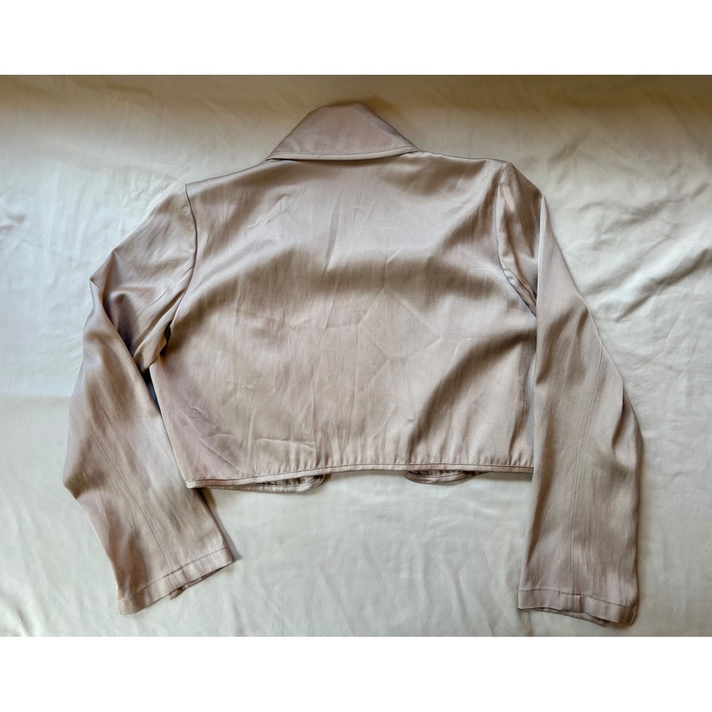 Elaine Kim Champagne Taupe Satin Cropped Open Front Jacket Peter Pan Collar Sz S - Picture 7 of 7